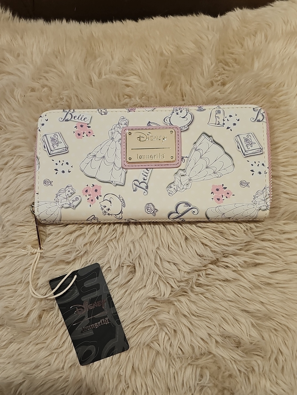 Loungefly Beauty and the Beast Belle Pink Allover Print Zip Around Wallet NWT